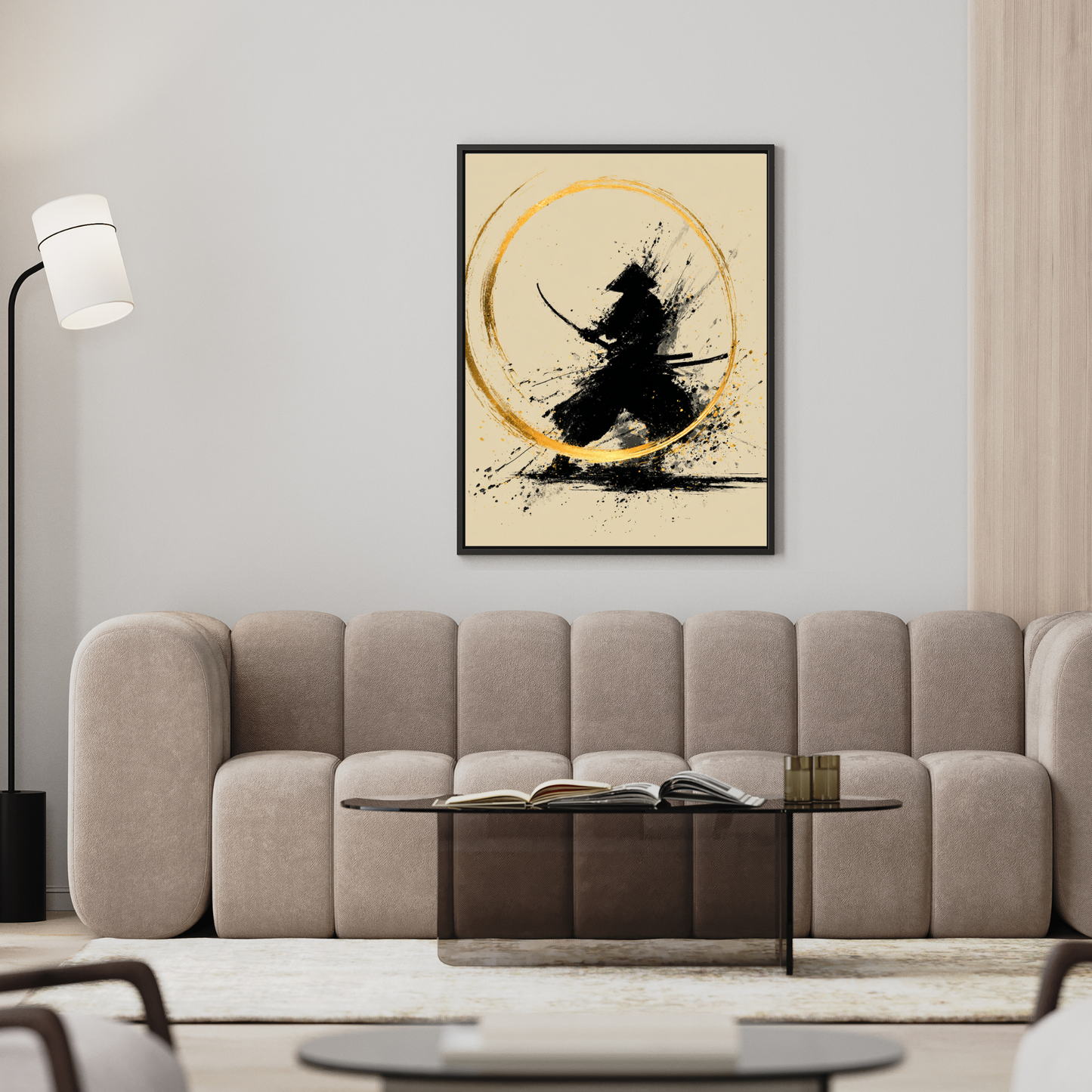 Minimalist Samurai Wall Art - Black Ink & Gold Japanese Decor - Zen Abstract Warrior Print - Set of 7 Square Digital Art."