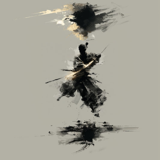 Minimalist Samurai Wall Art - Black Ink & Gold Japanese Decor - Zen Abstract Warrior Print - Set of 7 Square Digital Art."