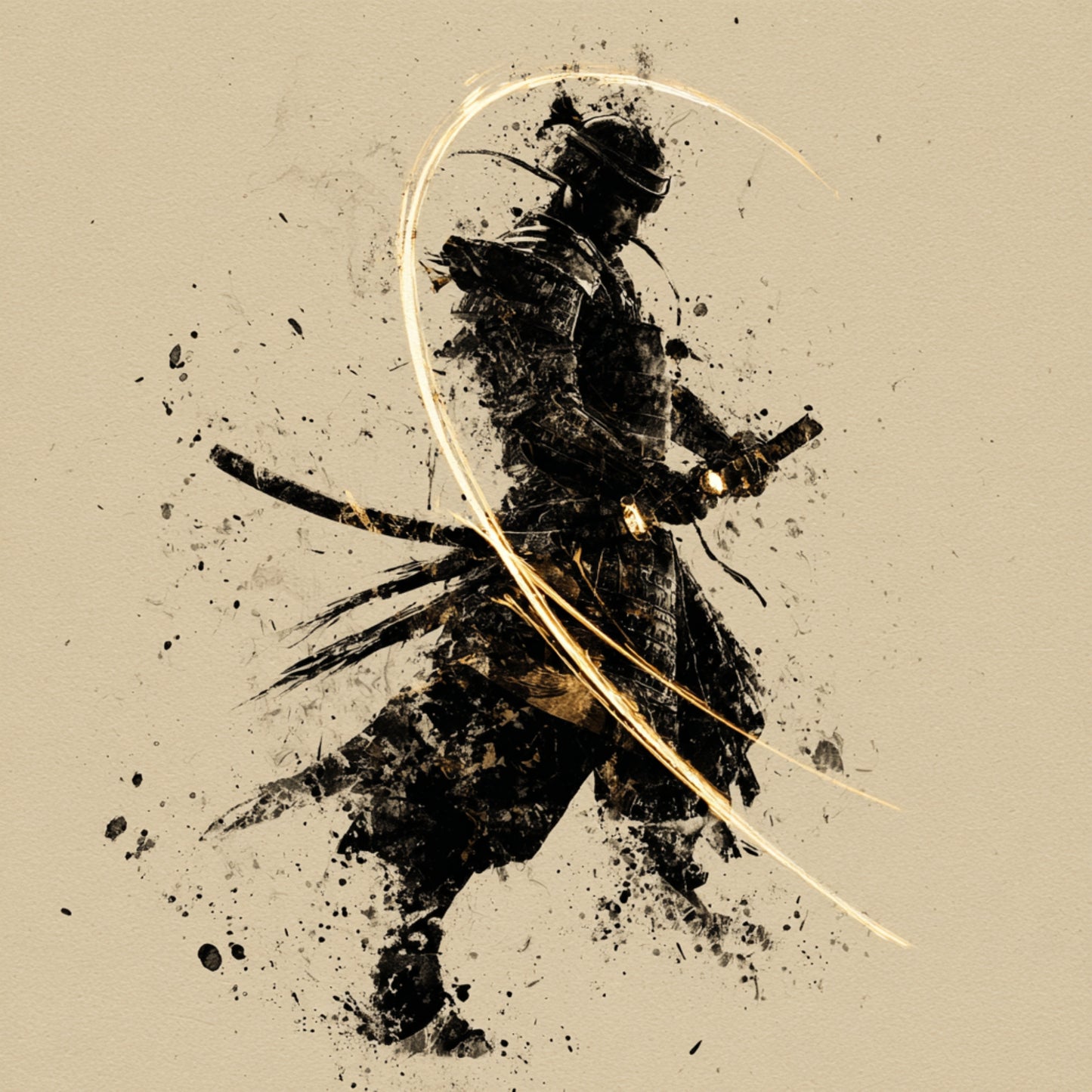 Minimalist Samurai Wall Art - Black Ink & Gold Japanese Decor - Zen Abstract Warrior Print - Set of 7 Square Digital Art."