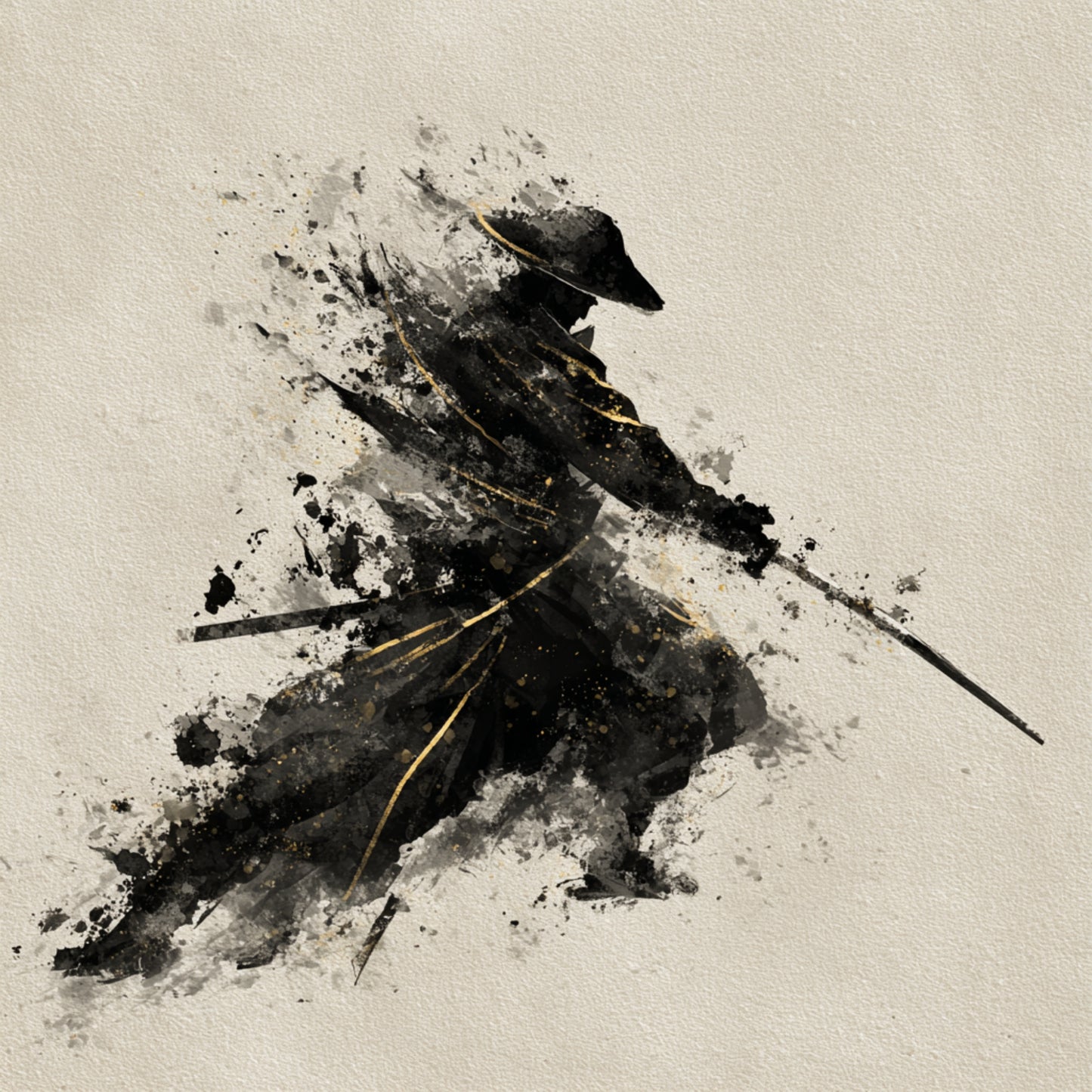 Minimalist Samurai Wall Art - Black Ink & Gold Japanese Decor - Zen Abstract Warrior Print - Set of 7 Square Digital Art."