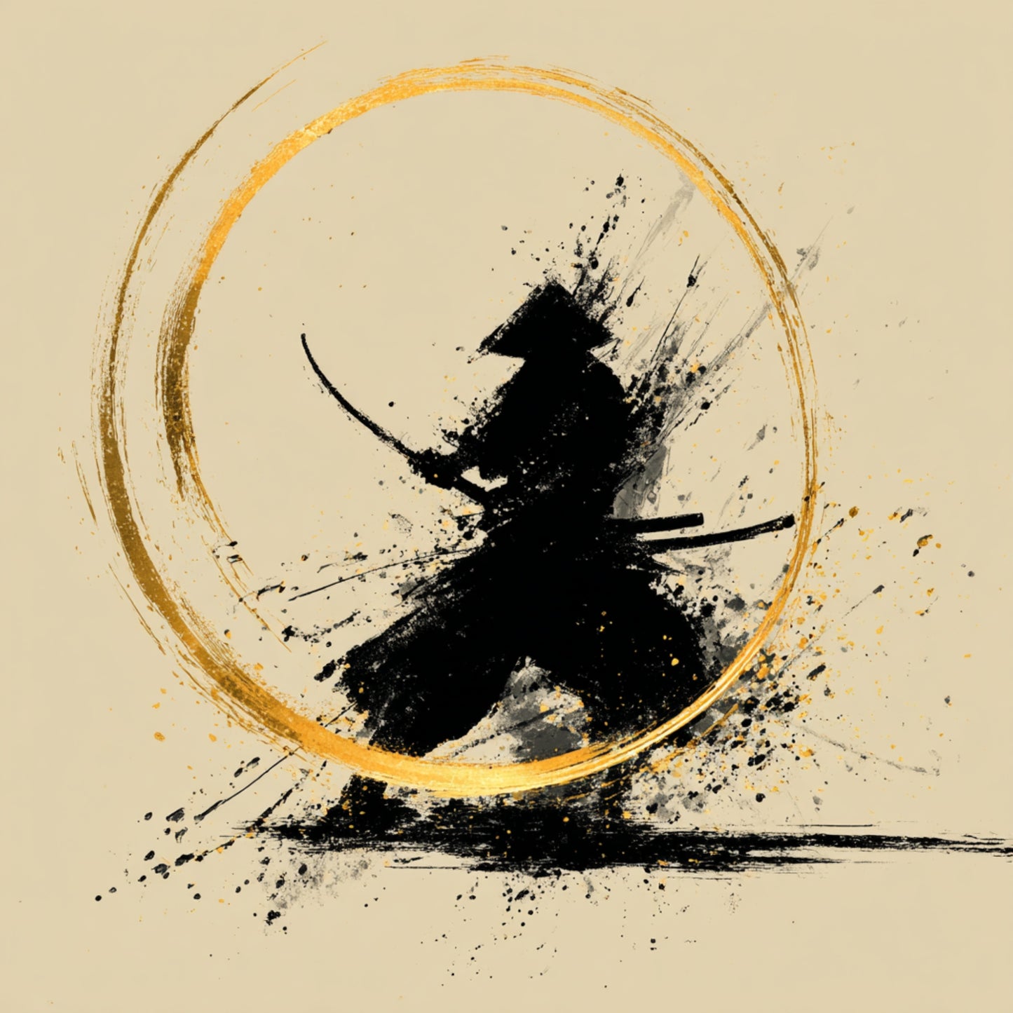 Minimalist Samurai Wall Art - Black Ink & Gold Japanese Decor - Zen Abstract Warrior Print - Set of 7 Square Digital Art."
