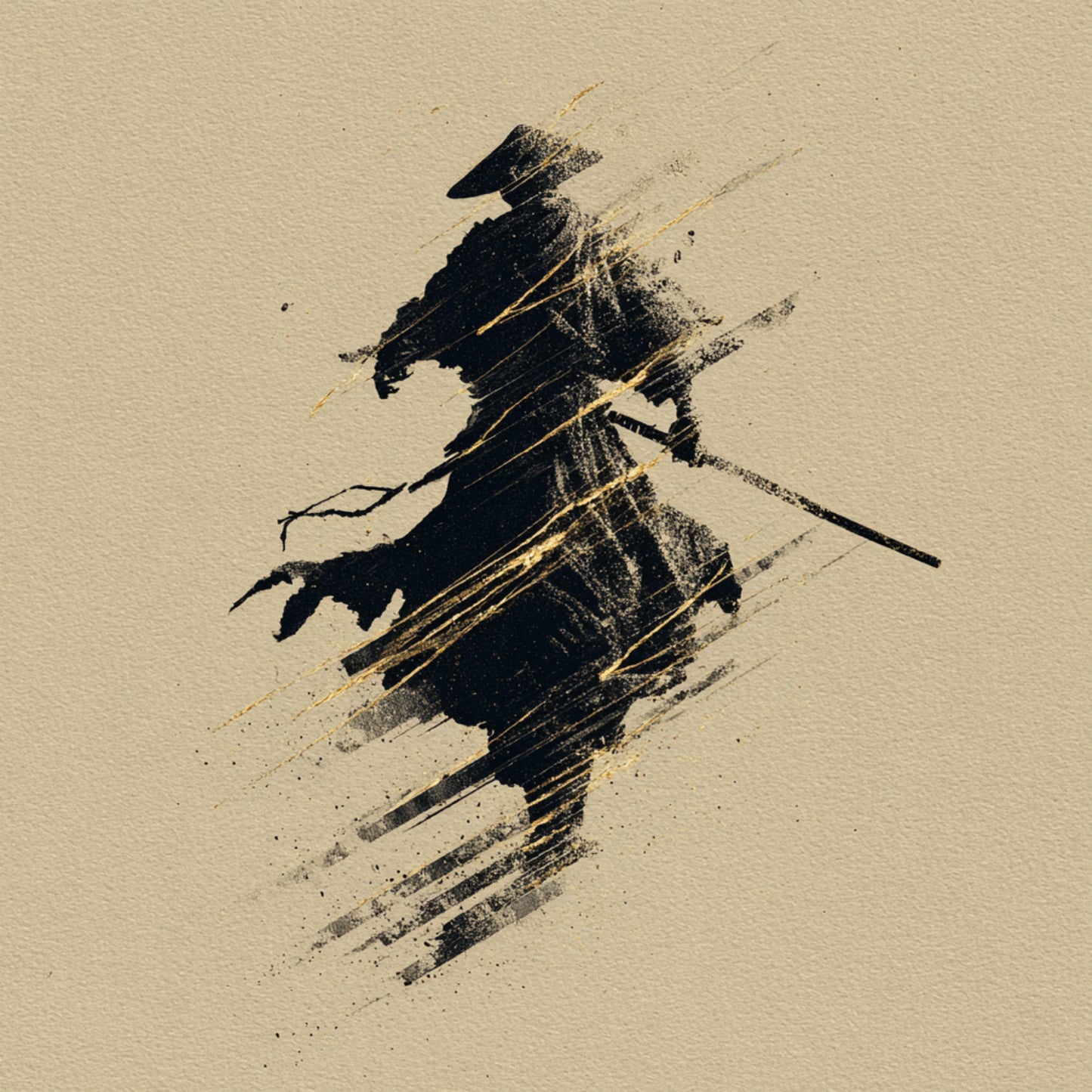 Minimalist Samurai Wall Art - Black Ink & Gold Japanese Decor - Zen Abstract Warrior Print - Set of 7 Square Digital Art."