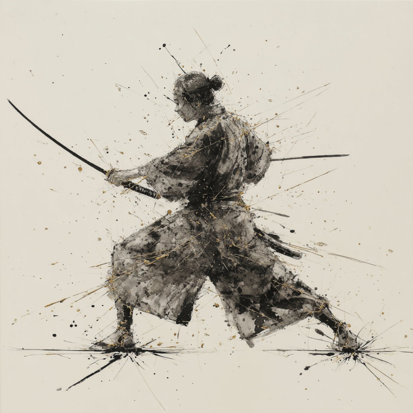Minimalist Samurai Wall Art - Black Ink & Gold Japanese Decor - Zen Abstract Warrior Print - Set of 7 Square Digital Art."