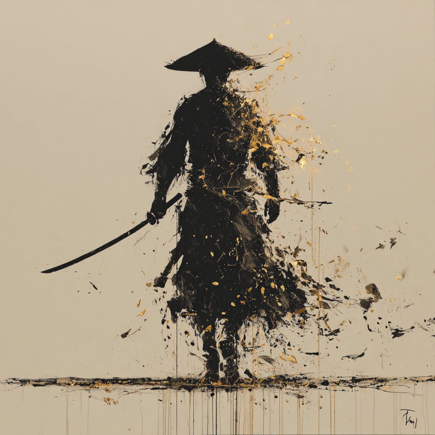 Minimalist Samurai Wall Art - Black Ink & Gold Japanese Decor - Zen Abstract Warrior Print - Set of 7 Square Digital Art."
