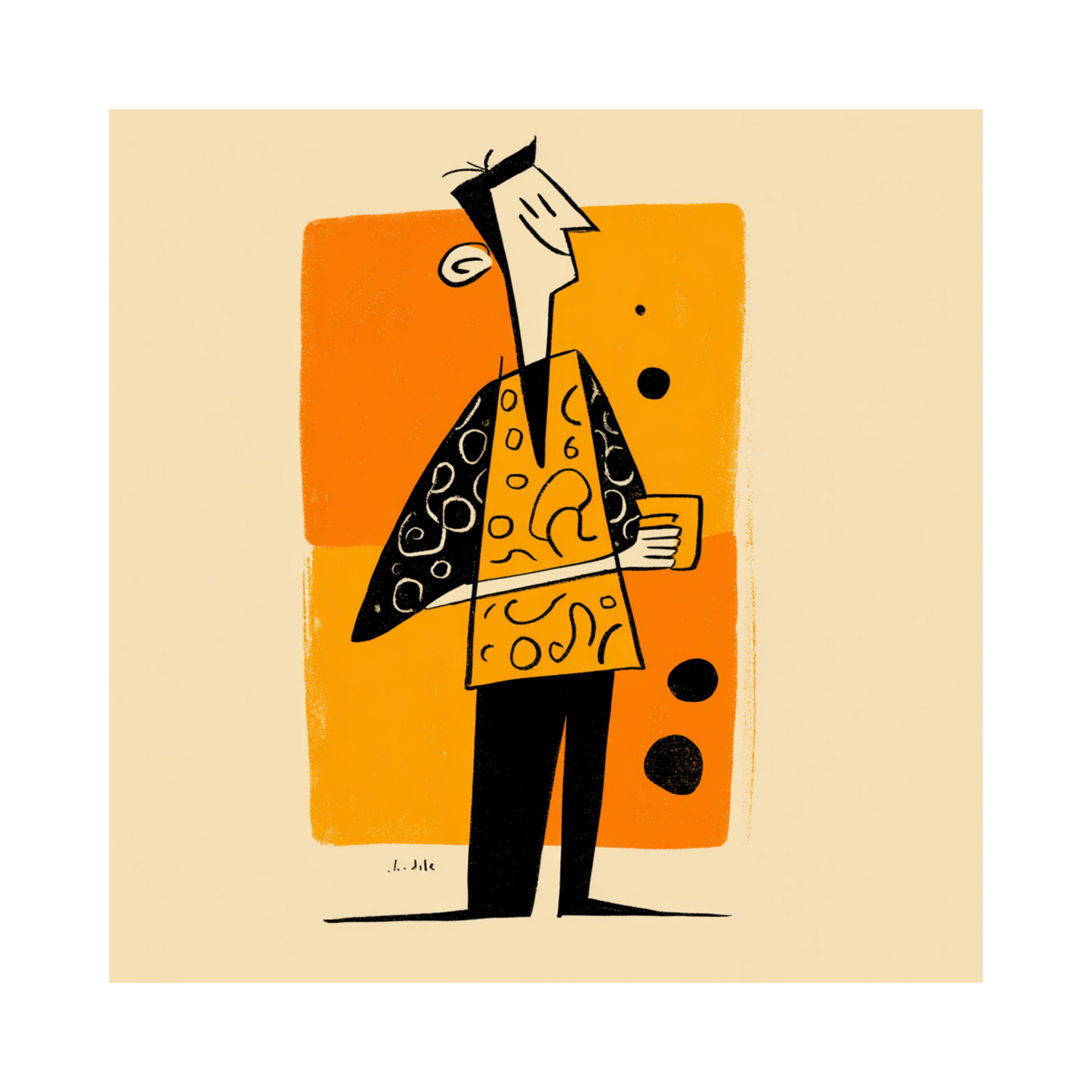 Mid-Century Modern Abstract Art - Retro Orange & Black Illustration - Minimalist Character Wall Decor - Balanced Form 4-Pack Set